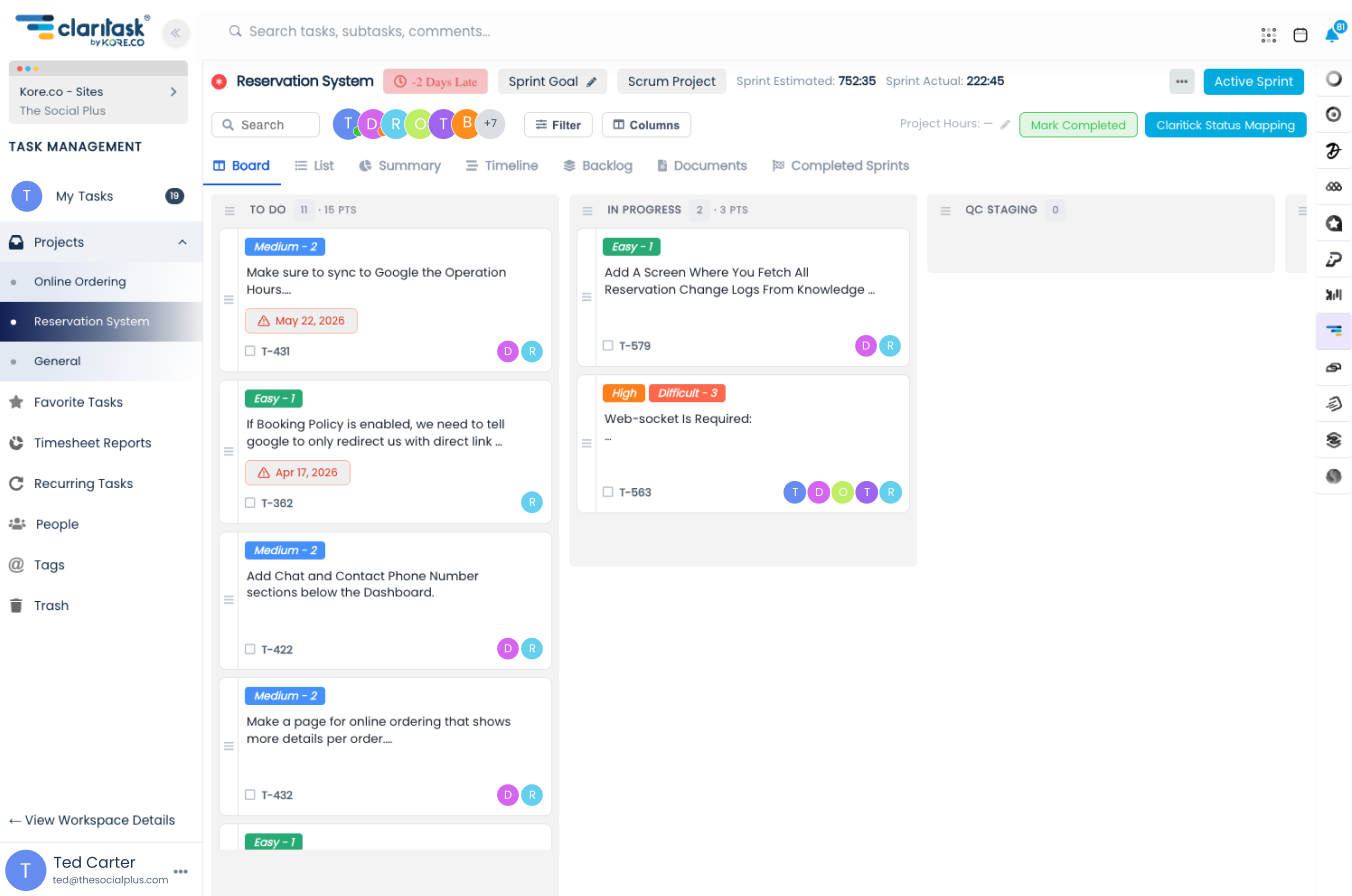 A Claritask board: To Do, In Progress and QC Staging columns with tagged cards, due dates and assignees.