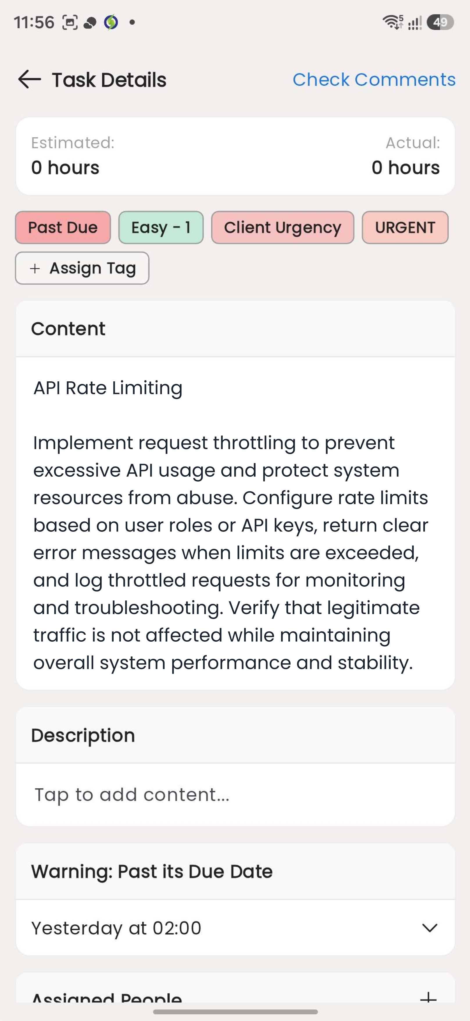 A task open in the Claritask mobile app: estimated against actual hours, its tags, the full content, and the past-due warning.
