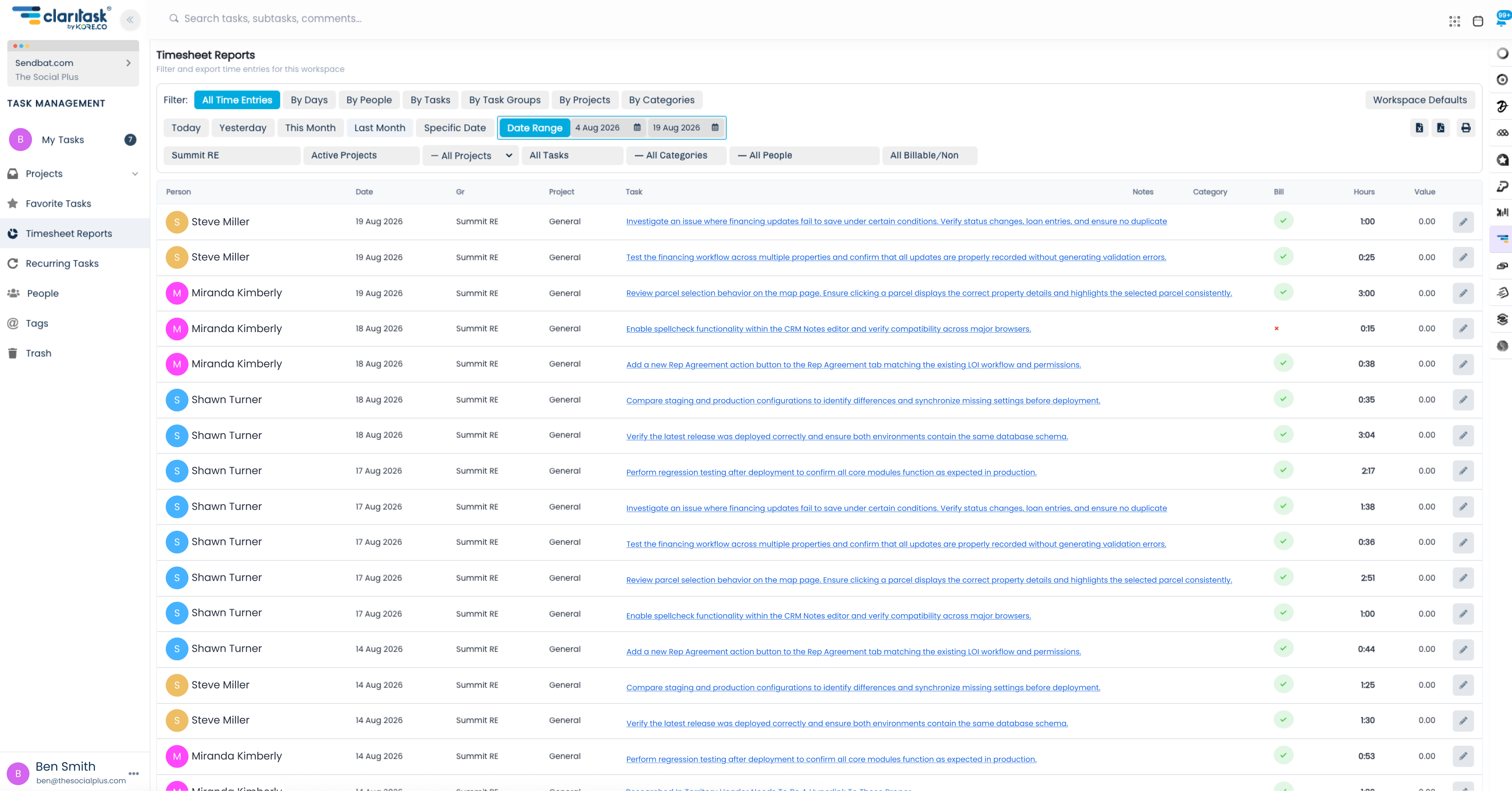 Timesheet Reports in Claritask on a full desktop screen: every time entry with its person, date, project, task, billable flag and hours, filterable by day, person, task or project.