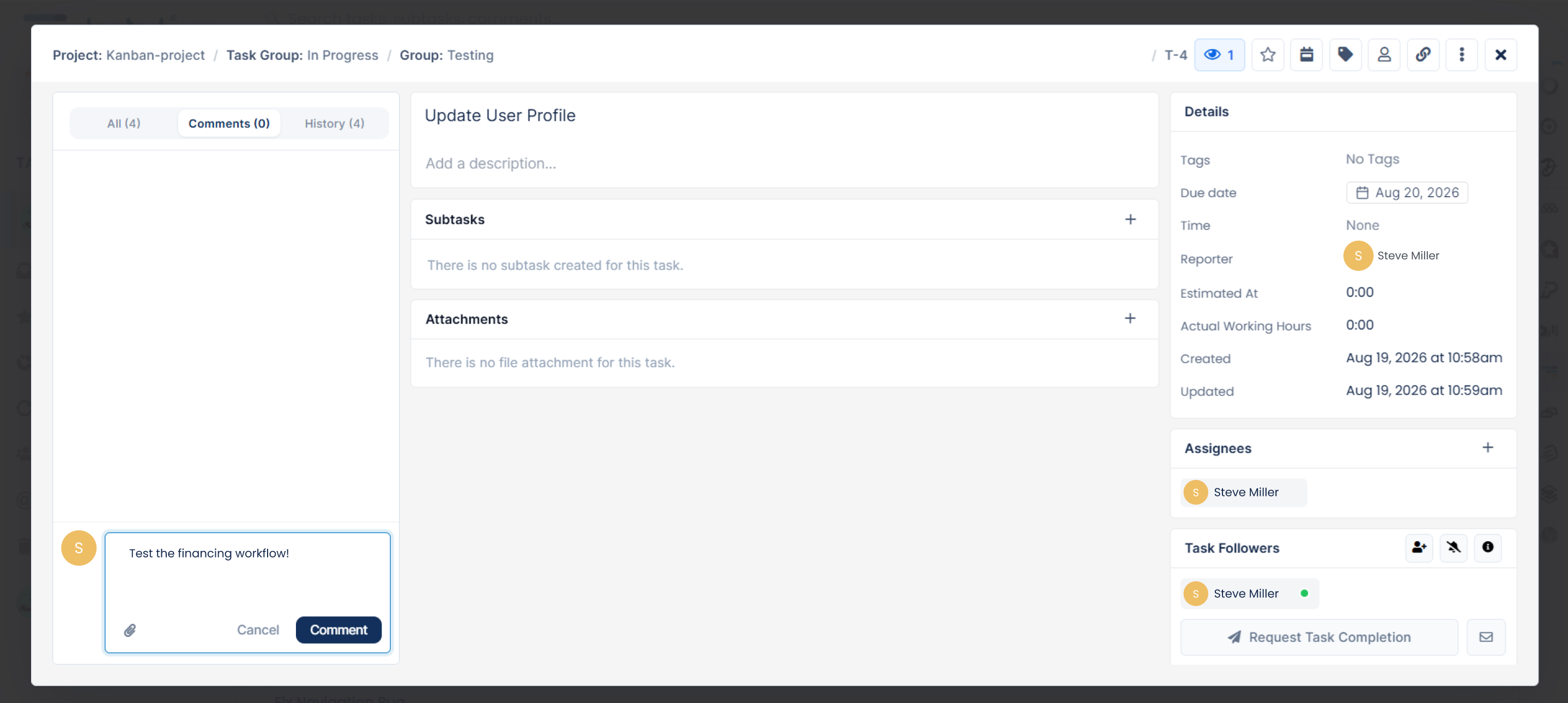 A Claritask task open on its comment thread, with the @mention picker suggesting teammates, and assignees and task followers listed on the right.