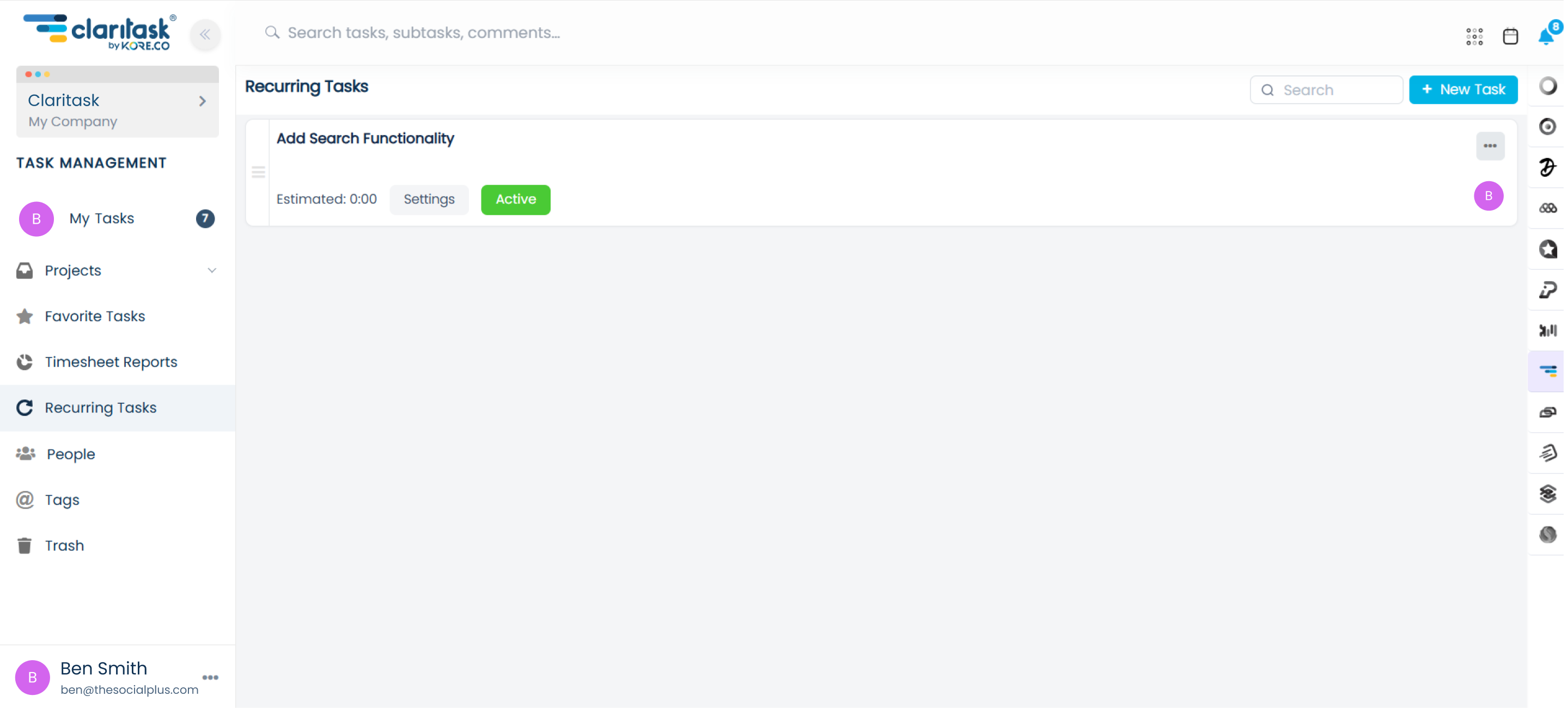 The Recurring Tasks screen in Claritask, with a series set to Active and its settings one click away.