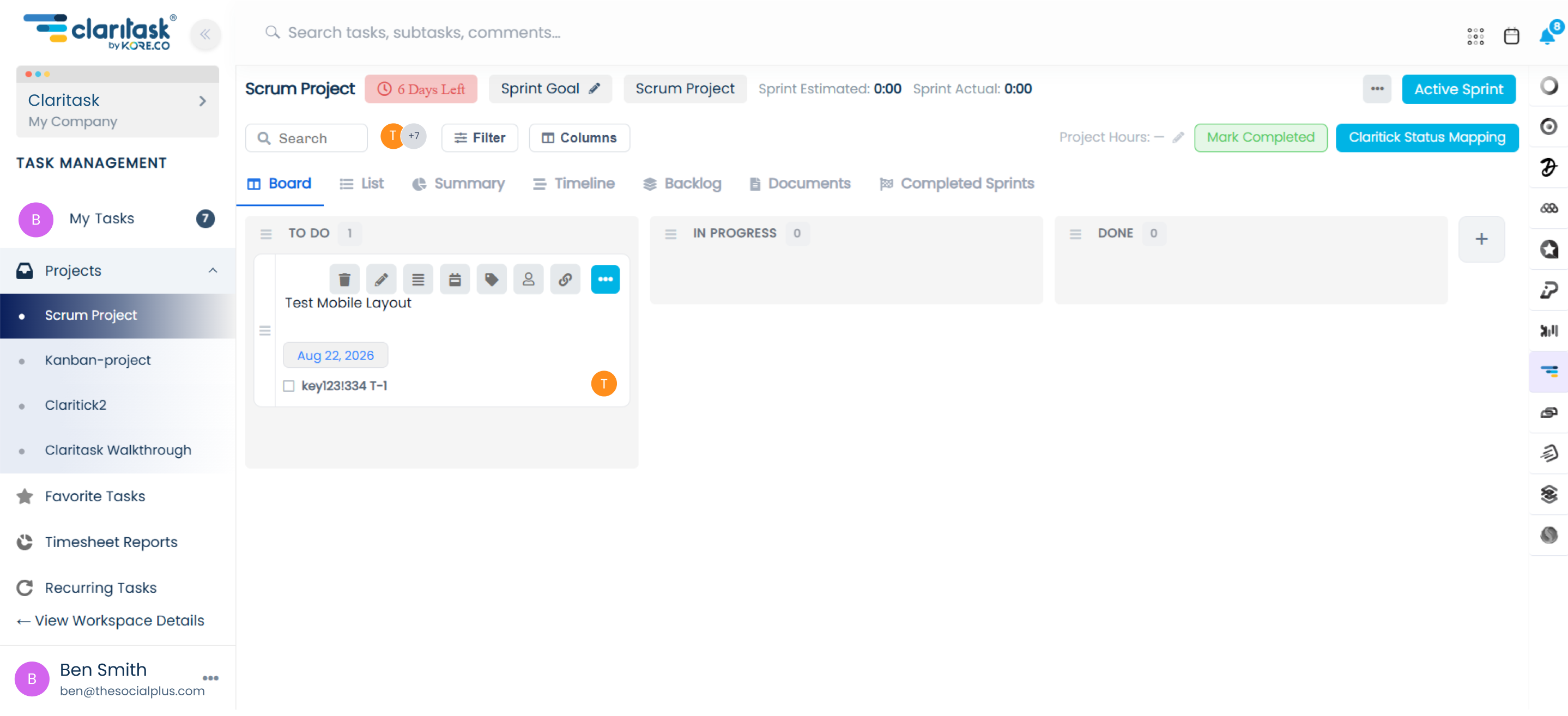 A Scrum project board in Claritask: the active sprint with days left, the sprint goal, estimated against actual hours, and To Do, In Progress and Done columns.
